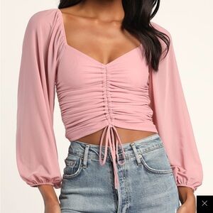 Lulus Completely Charmed Mauve Pink Ruched Long Sleeve Crop Top